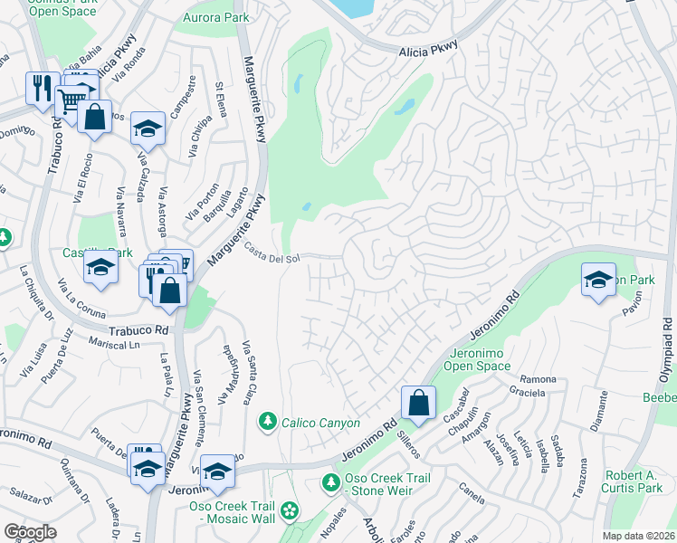 map of restaurants, bars, coffee shops, grocery stores, and more near 27735 Via Rodrigo in Mission Viejo