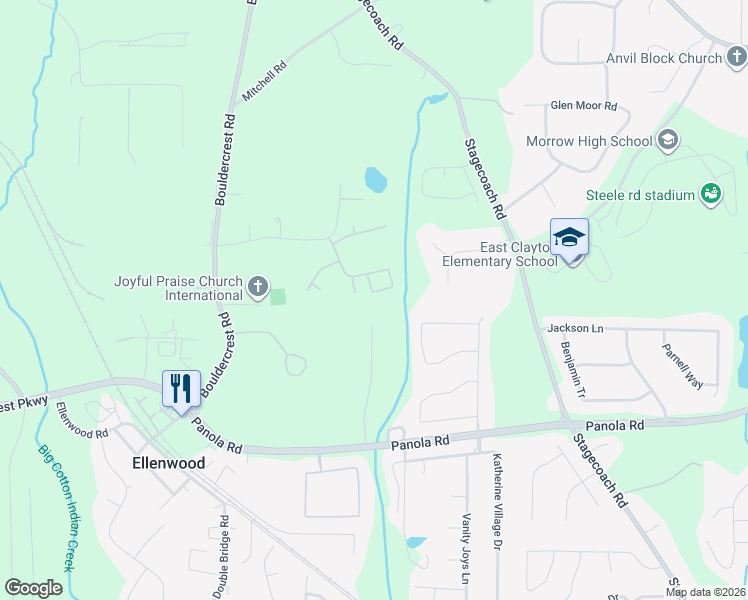 map of restaurants, bars, coffee shops, grocery stores, and more near 5113 Gilgal Way in Ellenwood