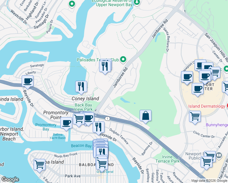 map of restaurants, bars, coffee shops, grocery stores, and more near 2 Sea Cove Lane in Newport Beach