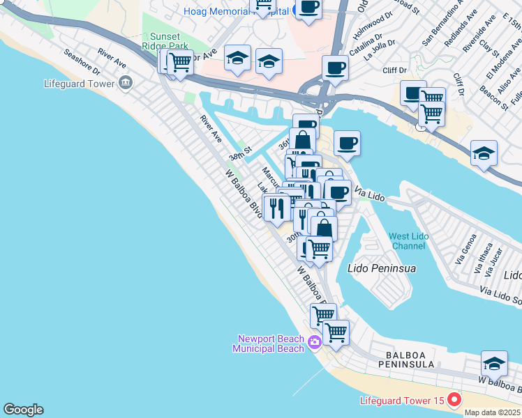 map of restaurants, bars, coffee shops, grocery stores, and more near 203 33rd Street in Newport Beach