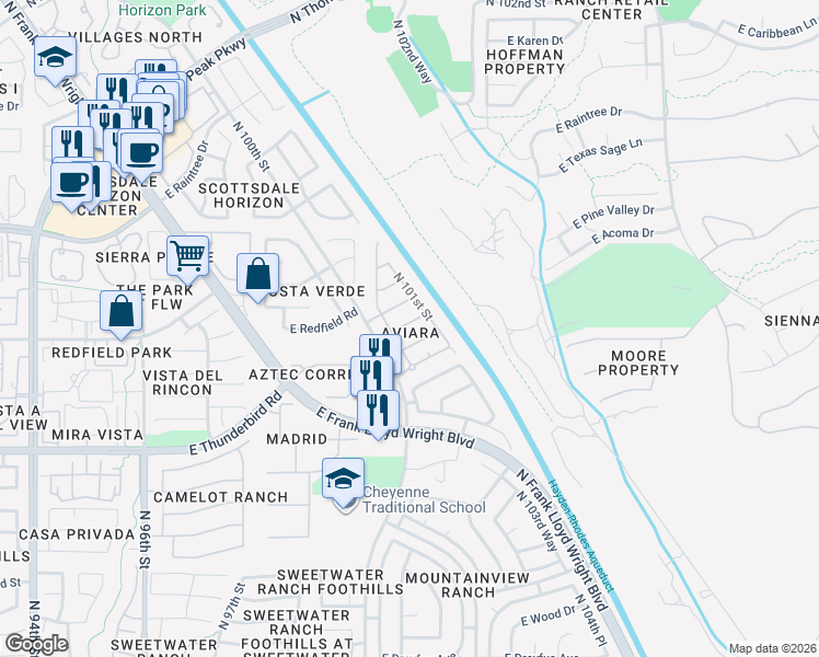 map of restaurants, bars, coffee shops, grocery stores, and more near 10043 East Gray Road in Scottsdale