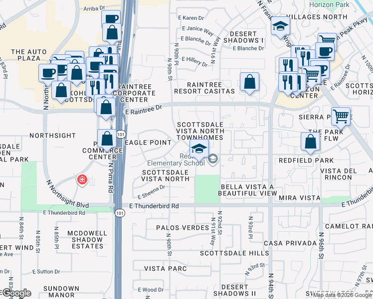 map of restaurants, bars, coffee shops, grocery stores, and more near 9085 East Gray Road in Scottsdale