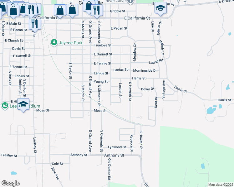 map of restaurants, bars, coffee shops, grocery stores, and more near 1409 Jean Street in Gainesville
