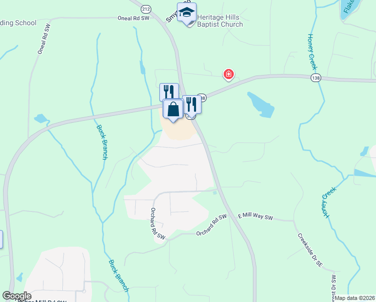 map of restaurants, bars, coffee shops, grocery stores, and more near 2832 Georgia 212 in Conyers