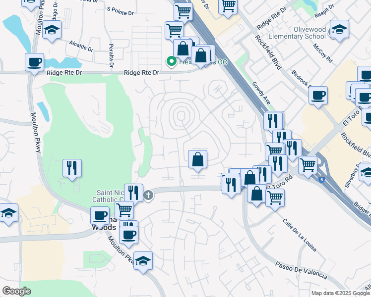 map of restaurants, bars, coffee shops, grocery stores, and more near 2199 Via Mariposa East in Laguna Woods