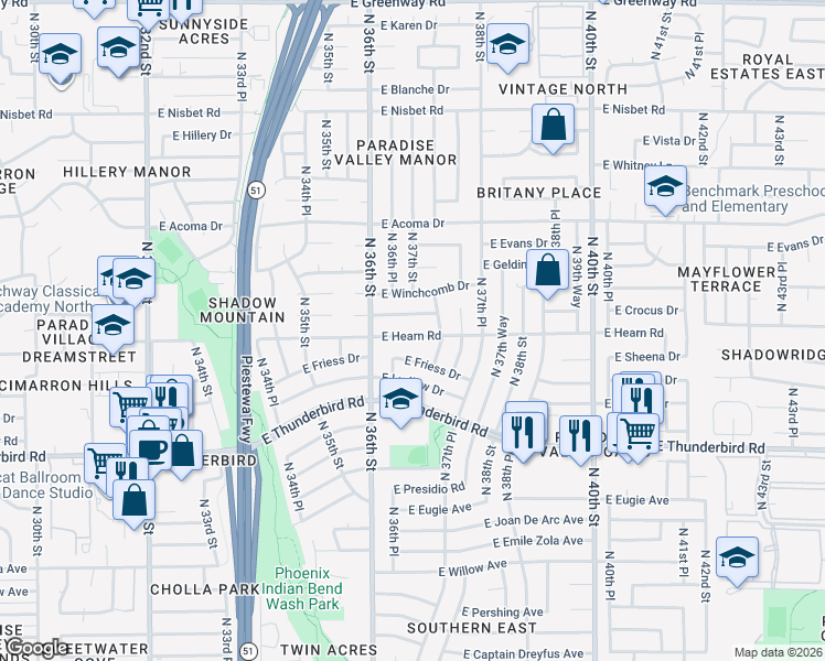 map of restaurants, bars, coffee shops, grocery stores, and more near 3614 East Friess Drive in Phoenix