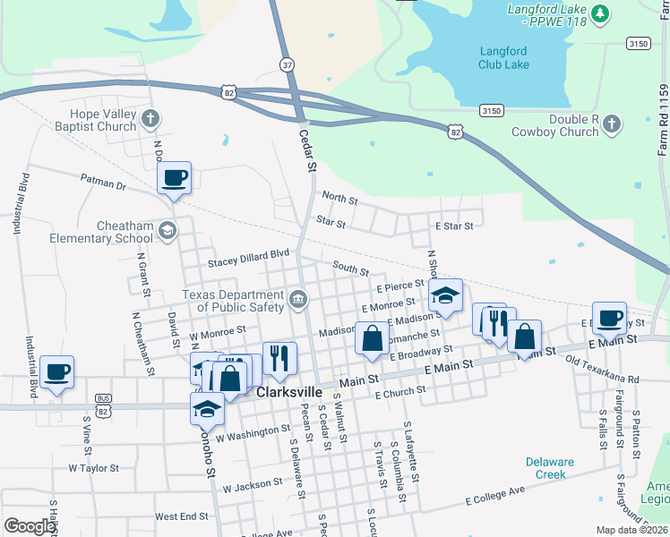 map of restaurants, bars, coffee shops, grocery stores, and more near 607 North Locust Street in Clarksville