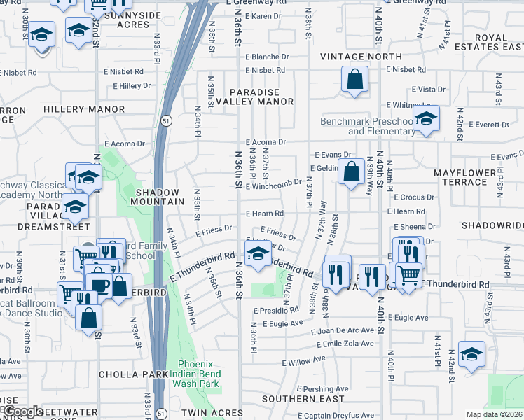 map of restaurants, bars, coffee shops, grocery stores, and more near 3614 East Friess Drive in Phoenix