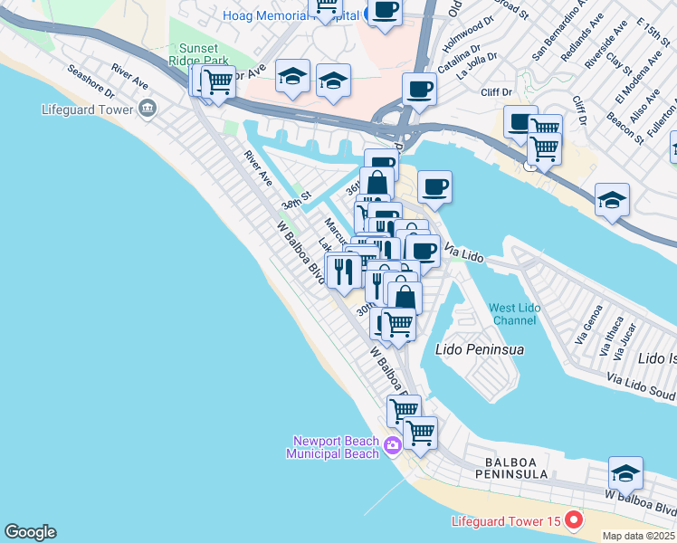 map of restaurants, bars, coffee shops, grocery stores, and more near 203 33rd Street in Newport Beach
