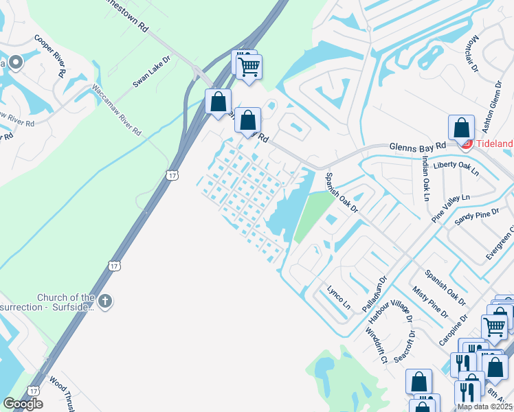 map of restaurants, bars, coffee shops, grocery stores, and more near 2226 Clearwater Drive in Surfside Beach