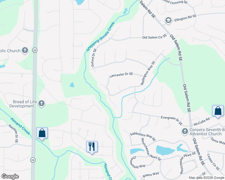 map of restaurants, bars, coffee shops, grocery stores, and more near 2840 Wellington Way Southeast in Conyers