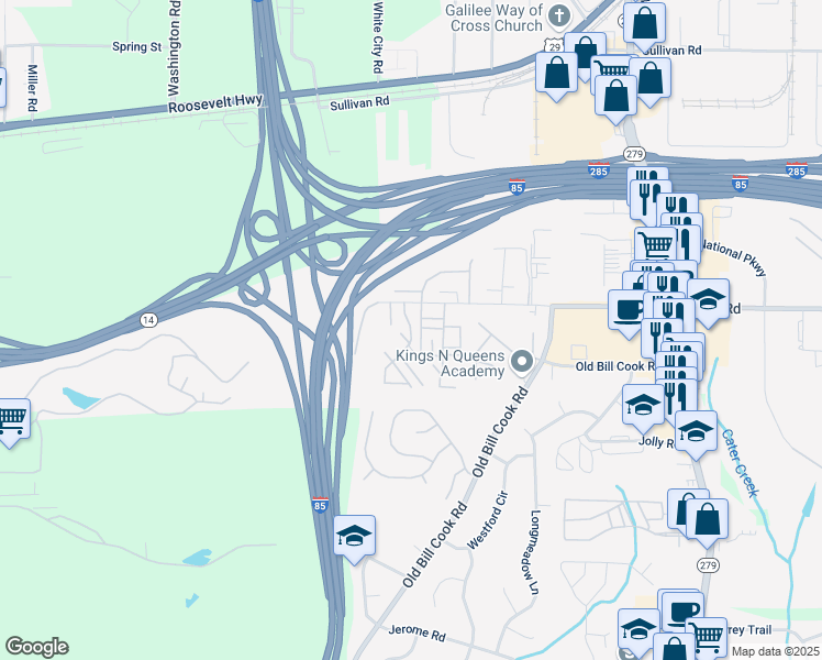 map of restaurants, bars, coffee shops, grocery stores, and more near Windsor Forrest Court in College Park