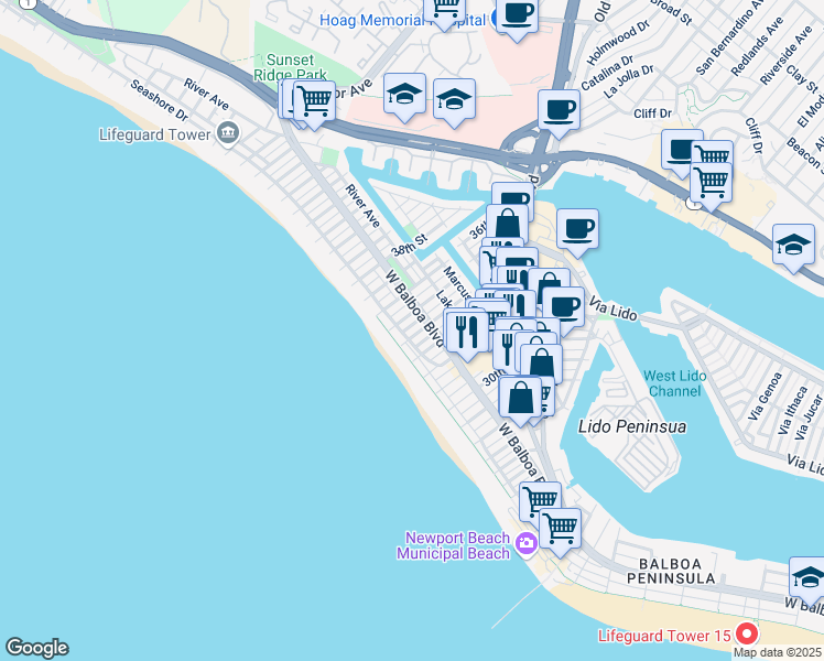 map of restaurants, bars, coffee shops, grocery stores, and more near 119 34th Street in Newport Beach