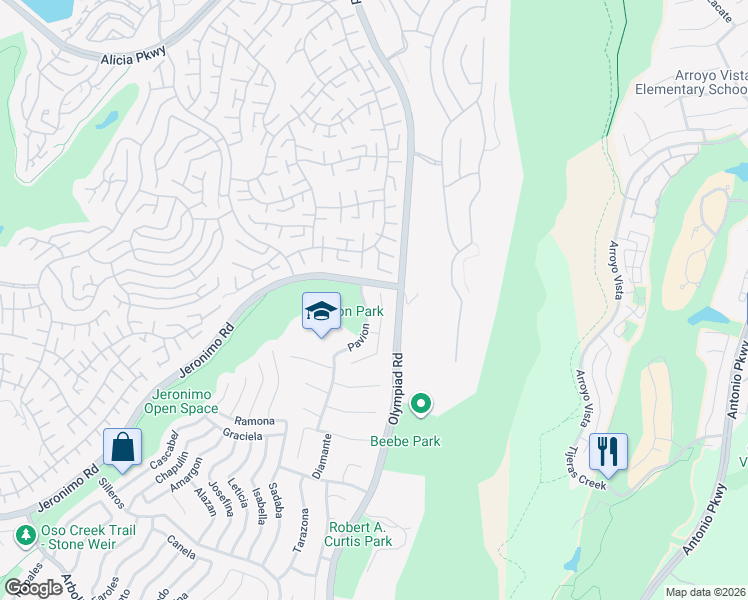 map of restaurants, bars, coffee shops, grocery stores, and more near 24041 Zancon in Mission Viejo