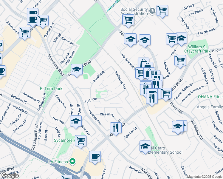 map of restaurants, bars, coffee shops, grocery stores, and more near 23878 Cypress Lane in Mission Viejo