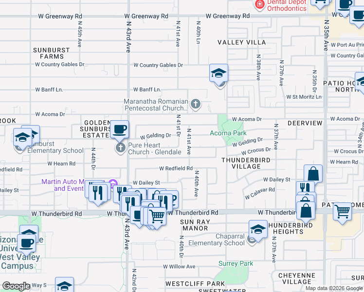 map of restaurants, bars, coffee shops, grocery stores, and more near 4102 West Hearn Road in Phoenix