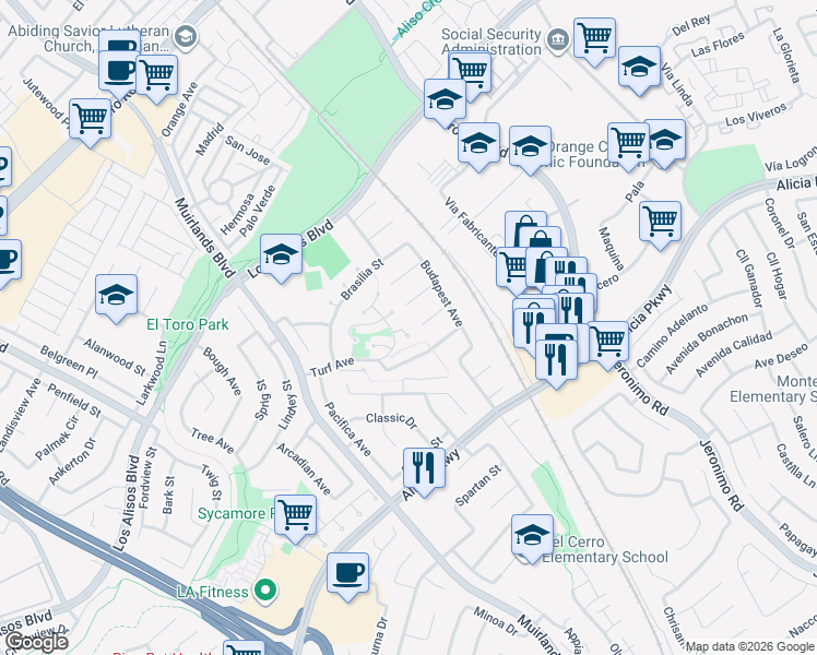 map of restaurants, bars, coffee shops, grocery stores, and more near 23878 Cypress Lane in Mission Viejo