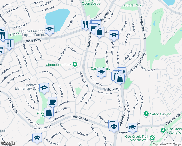 map of restaurants, bars, coffee shops, grocery stores, and more near 23912 Via La Coruna in Mission Viejo