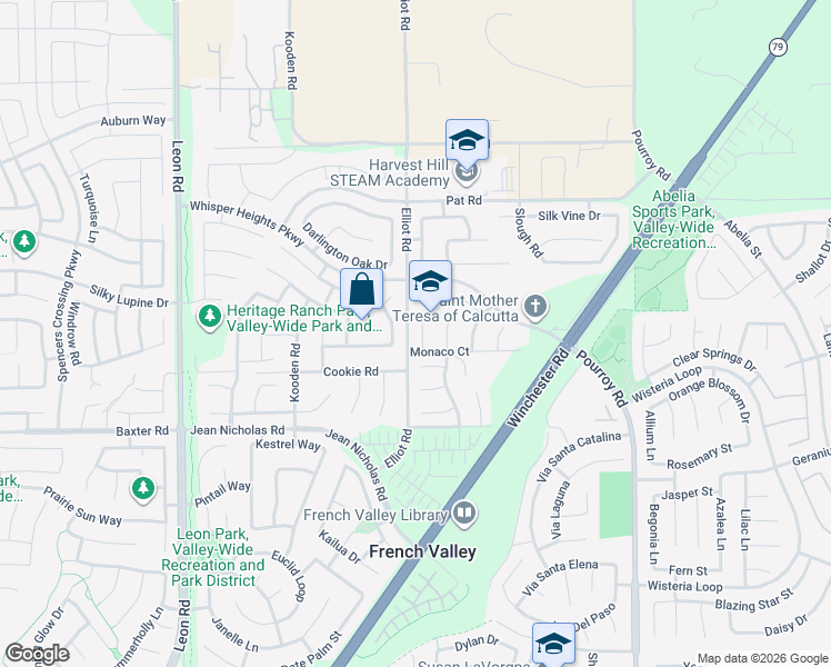 map of restaurants, bars, coffee shops, grocery stores, and more near 34791 Heritage Oaks Court in Winchester