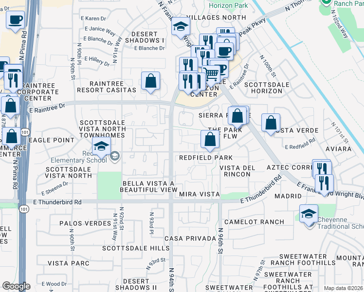 map of restaurants, bars, coffee shops, grocery stores, and more near 9494 East Redfield Road in Scottsdale