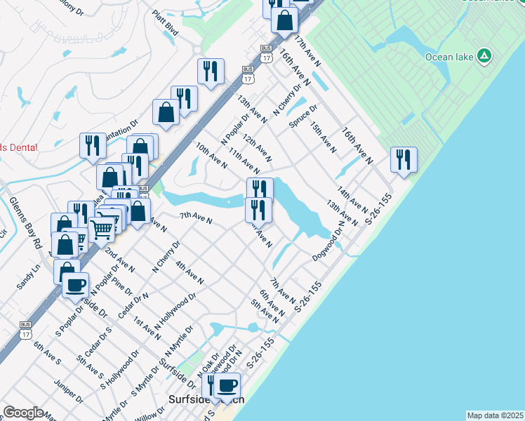 map of restaurants, bars, coffee shops, grocery stores, and more near 613 10th Avenue North in Surfside Beach