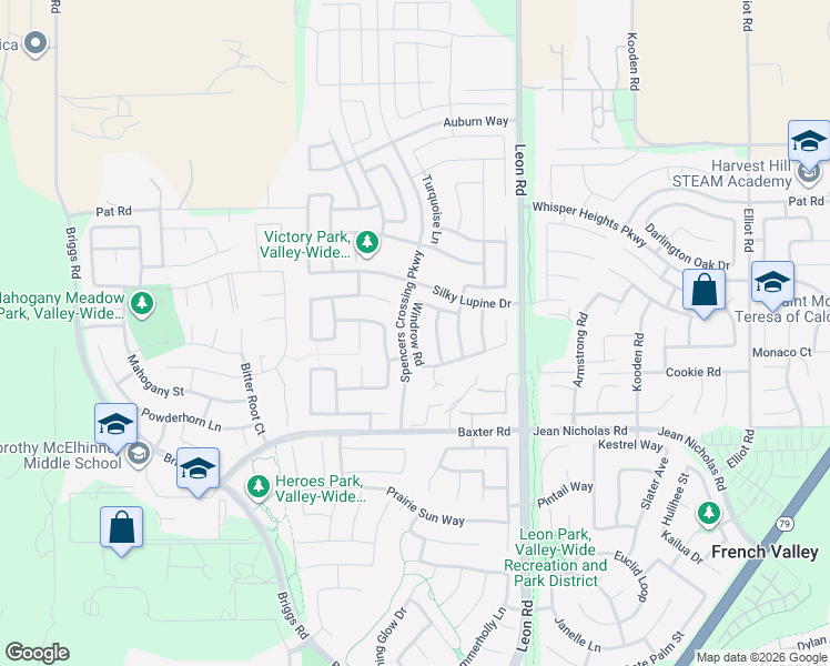 map of restaurants, bars, coffee shops, grocery stores, and more near Windrow Road in Riverside County