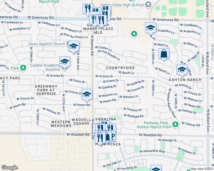 map of restaurants, bars, coffee shops, grocery stores, and more near 14362 North 154th Avenue in Surprise