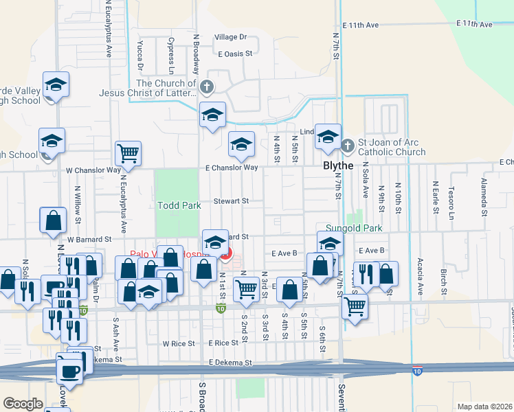 map of restaurants, bars, coffee shops, grocery stores, and more near 340 Stewart Street in Blythe