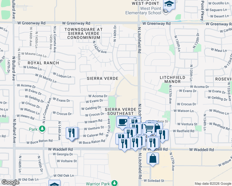 map of restaurants, bars, coffee shops, grocery stores, and more near West Acoma Drive in Surprise