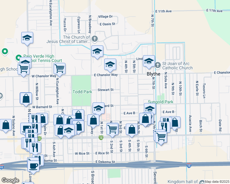 map of restaurants, bars, coffee shops, grocery stores, and more near 330 Stewart Street in Blythe