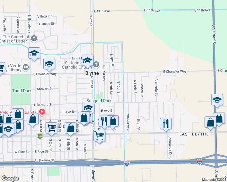 map of restaurants, bars, coffee shops, grocery stores, and more near 345 North 10th Street in Blythe