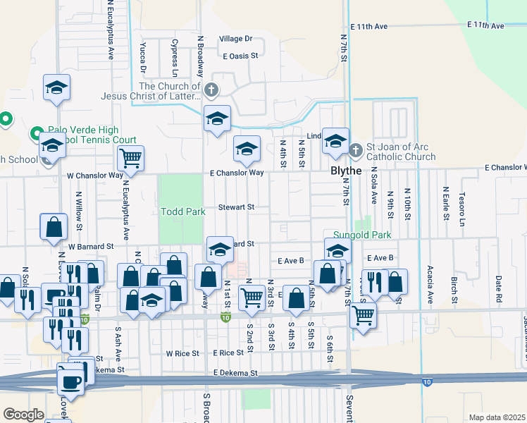 map of restaurants, bars, coffee shops, grocery stores, and more near 340 Stewart Street in Blythe