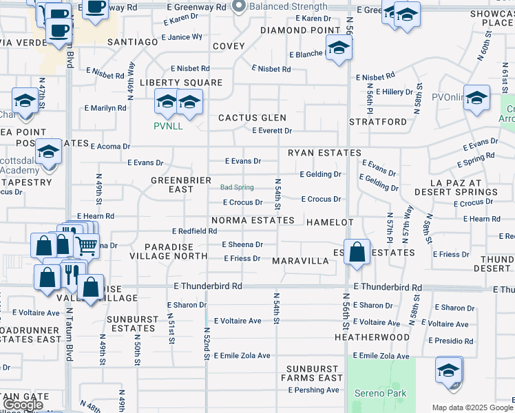 map of restaurants, bars, coffee shops, grocery stores, and more near 5317 East Hearn Road in Scottsdale