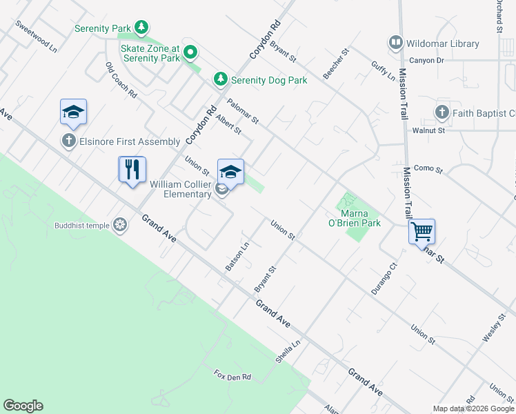 map of restaurants, bars, coffee shops, grocery stores, and more near 20220 Union Street in Wildomar