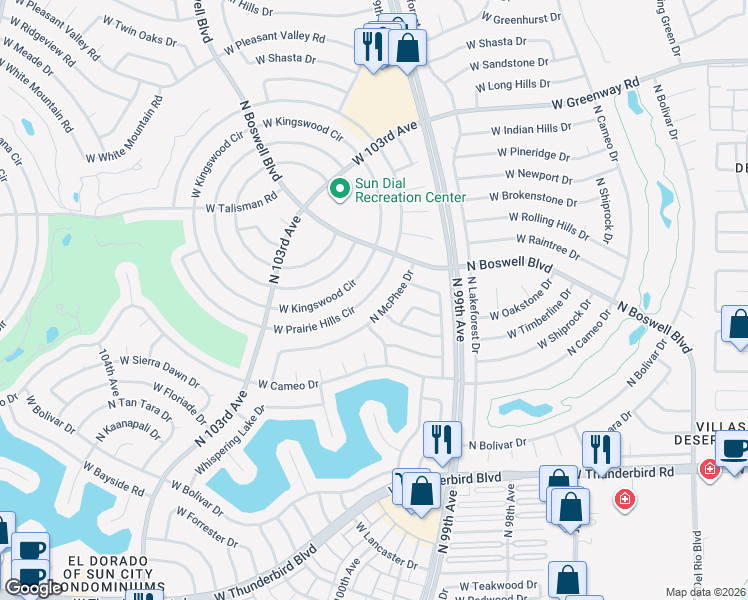 map of restaurants, bars, coffee shops, grocery stores, and more near 14414 North McPhee Drive in Sun City
