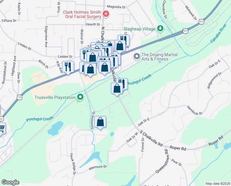 map of restaurants, bars, coffee shops, grocery stores, and more near 400 Walnut Drive in Trussville