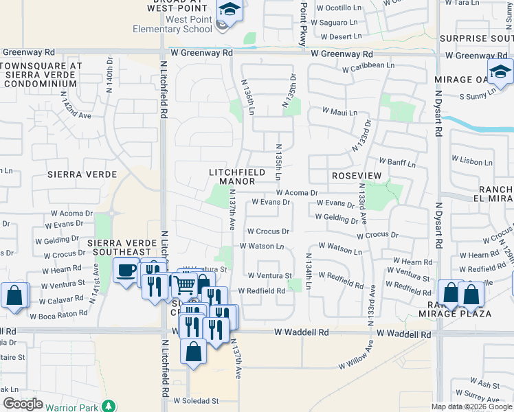 map of restaurants, bars, coffee shops, grocery stores, and more near 13623 West Gelding Drive in Surprise
