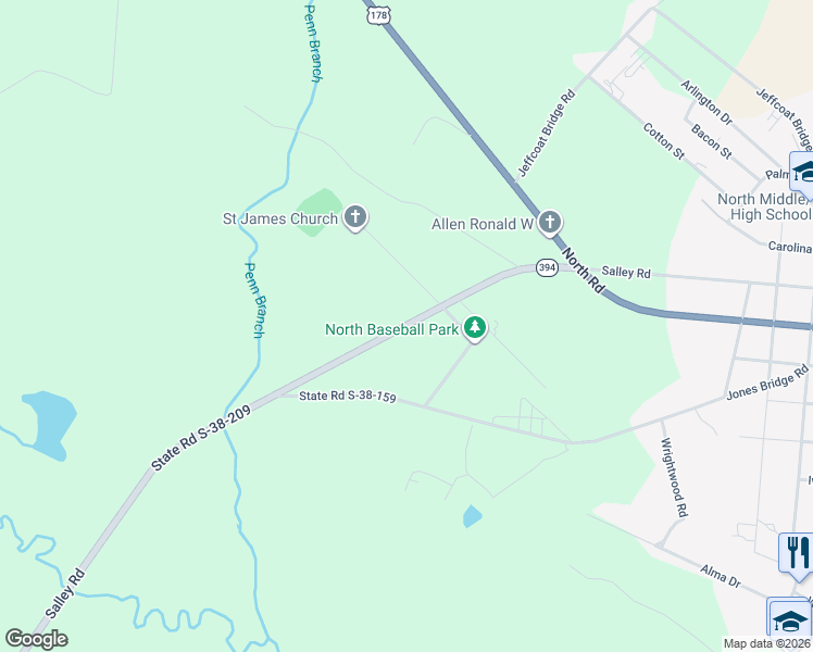 map of restaurants, bars, coffee shops, grocery stores, and more near 6960 State Road S-38-209 in North