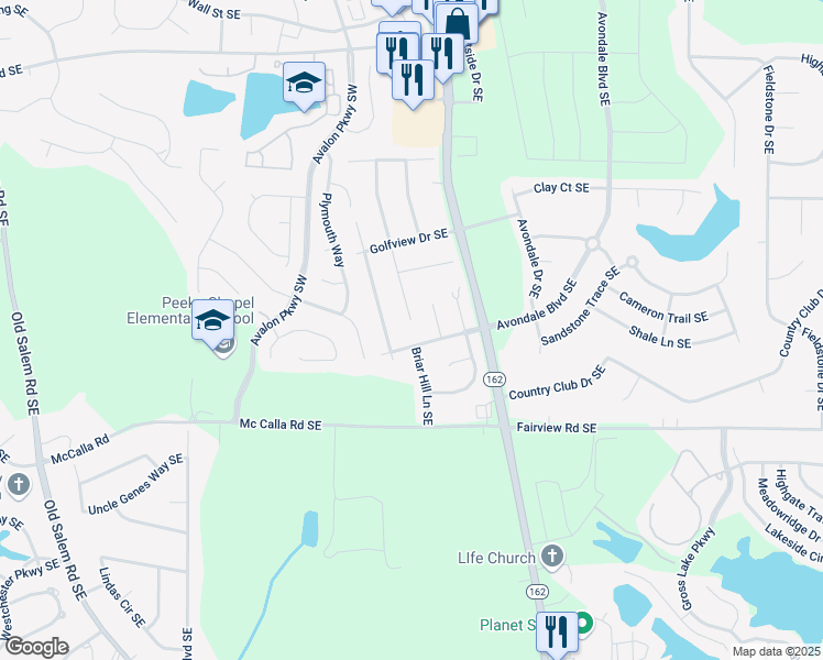 map of restaurants, bars, coffee shops, grocery stores, and more near 2649 Fieldstone View Lane Southeast in Conyers
