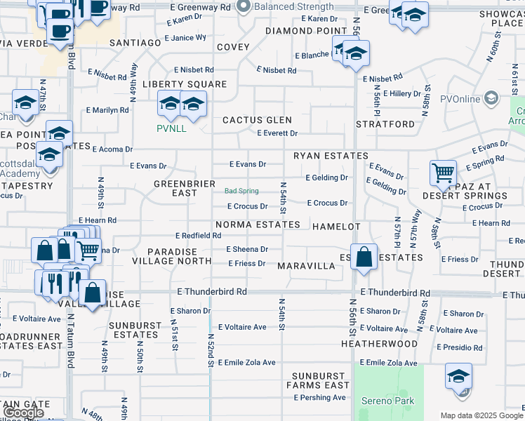 map of restaurants, bars, coffee shops, grocery stores, and more near 5317 East Hearn Road in Scottsdale