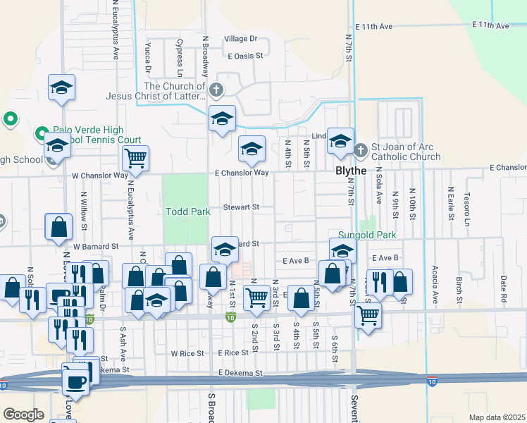 map of restaurants, bars, coffee shops, grocery stores, and more near 325 North 3rd Street in Blythe