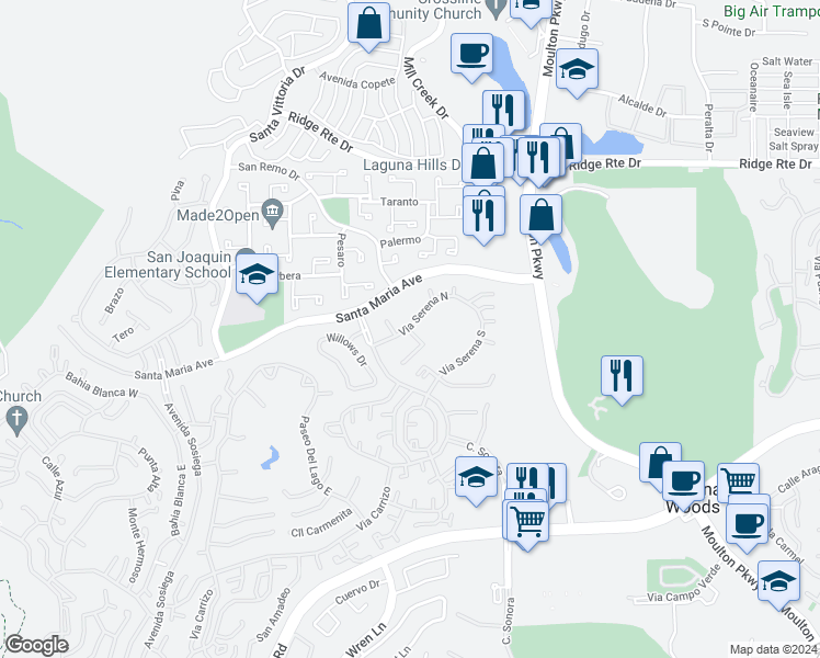 map of restaurants, bars, coffee shops, grocery stores, and more near 3071 Via Serena North in Laguna Hills