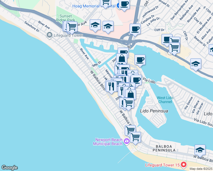 map of restaurants, bars, coffee shops, grocery stores, and more near 203 33rd Street in Newport Beach