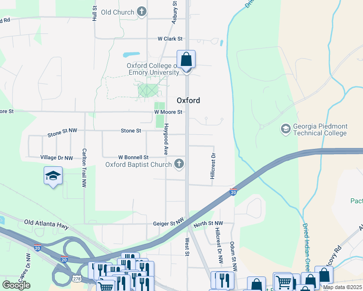 map of restaurants, bars, coffee shops, grocery stores, and more near 405 Emory Street in Oxford