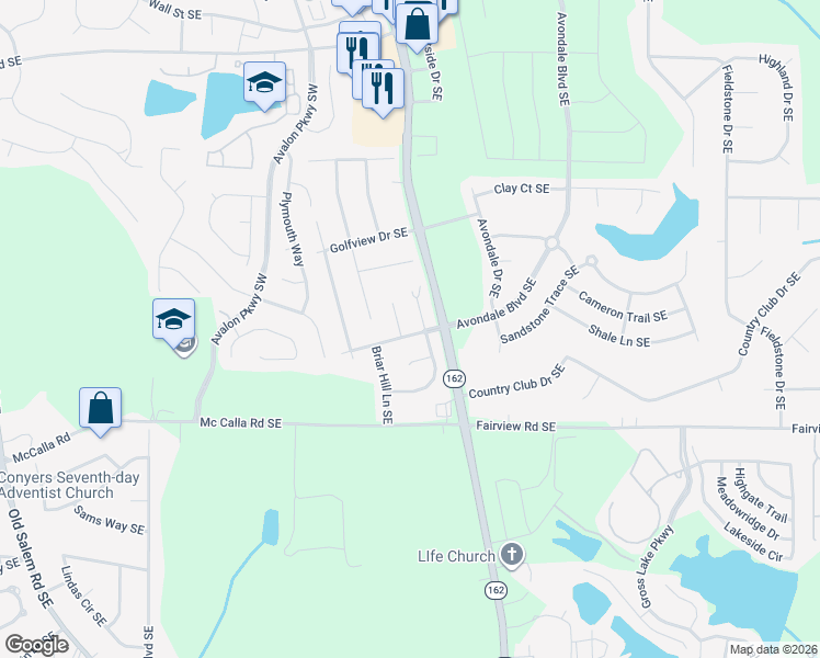 map of restaurants, bars, coffee shops, grocery stores, and more near 2142 Country Walk Way Southeast in Conyers