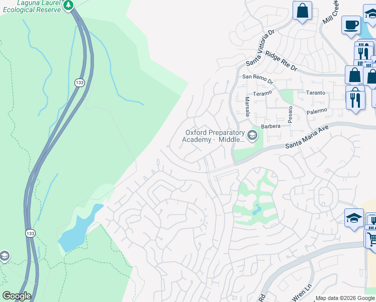 map of restaurants, bars, coffee shops, grocery stores, and more near 5078 Tero in Laguna Woods