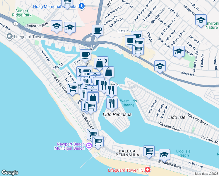 map of restaurants, bars, coffee shops, grocery stores, and more near 601 Lido Park Drive in Newport Beach