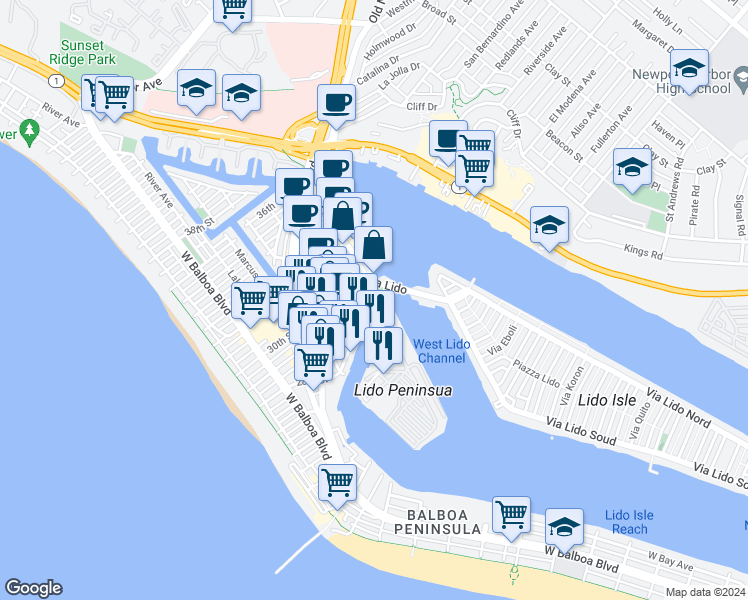map of restaurants, bars, coffee shops, grocery stores, and more near 601 Lido Park Drive in Newport Beach