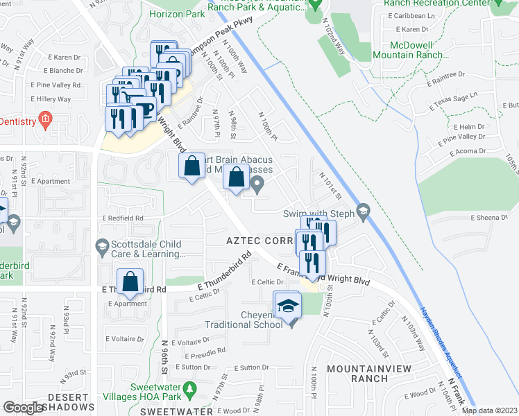 map of restaurants, bars, coffee shops, grocery stores, and more near 9836 East Redfield Road in Scottsdale