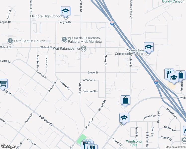 map of restaurants, bars, coffee shops, grocery stores, and more near 22135 Grove Street in Wildomar